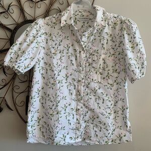 Athena White Floral Top with Green Leaves Cottagecore